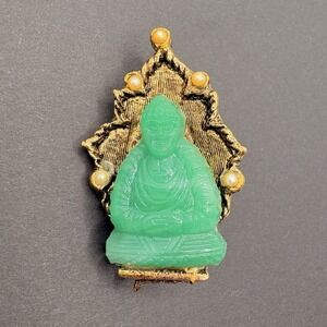 Vintage Ambassador Buddha Brooch Faux Jade Pearl Green Glass Gold Tone